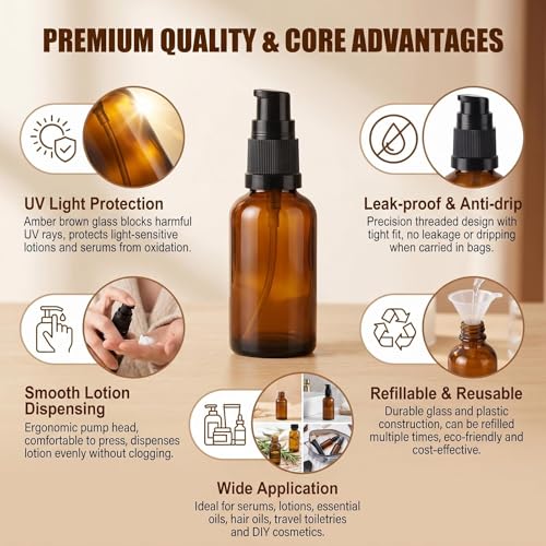 QUUPY 3-Pack 30ml Amber Glass Pump Bottles for Lotion and Essential Oils