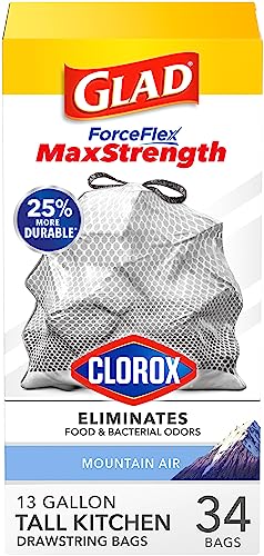Glad ForceFlex MaxStrength Tall Kitchen Trash Bags, 13 Gallon, Mountain Air, 34 Ct