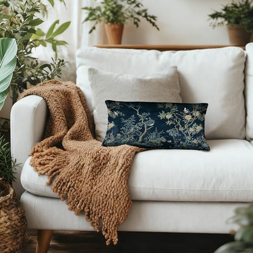 Navy Blue Chinoiserie Floral Bird Flannel Pillow Cover, 12x20 Inch