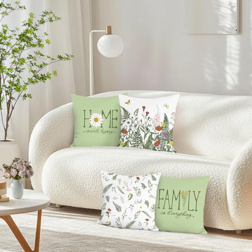 Green Floral Throw Pillow Covers Set of 4 - 18x18 Velvet Butterfly Design