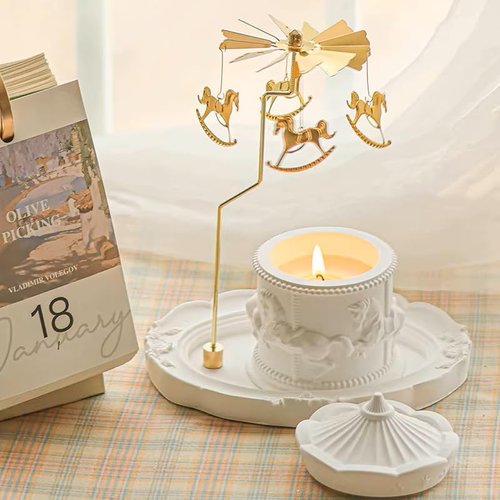Carousel Candle Holder - Spinning Brass Merry-Go-Round with Gypsum Base | Perfect Valentine Gift for Home Decor