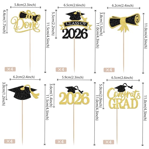 24 Pack Graduation Cupcake Toppers - Gold Glitter Class of 2026