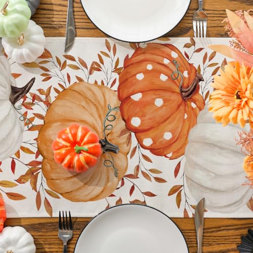 Fall Table Runner with Pumpkin Eucalyptus Design - 13x72 Inch Seasonal Decor