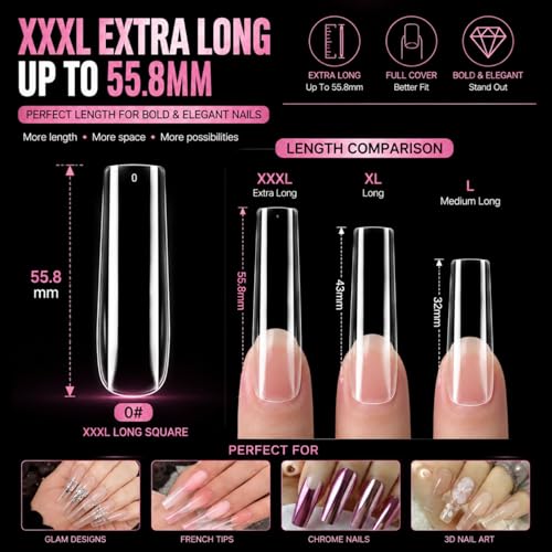 Extra Long Square Soft Gel Nail Tips 240Pcs Clear Acrylic Extensions