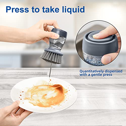 SUBEKYU Soap Dispensing Dish Brush Set with Draining Tray - Grey, 2-Pack