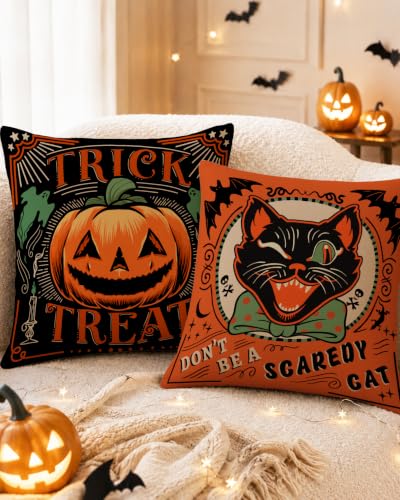 Halloween Throw Pillow Covers, 18x18 Rustic Linen Ghost Decor - Set of 2