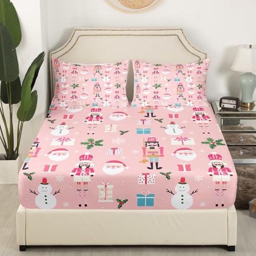 Pink Christmas Nutcracker Bed Sheets Set Queen Size No Flat Sheet Christmas 07