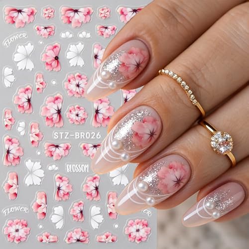 3D Floral Nail Stickers Embossed Cherry Blossom Daisy Decals - 3 Pcs