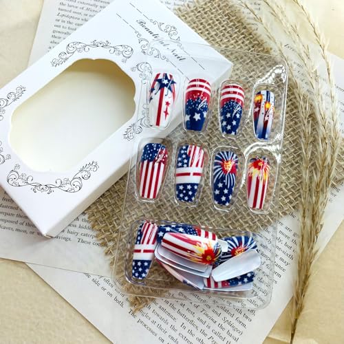 4th of July Long Press on Nails Red Blue Stars and Stripes False Nails