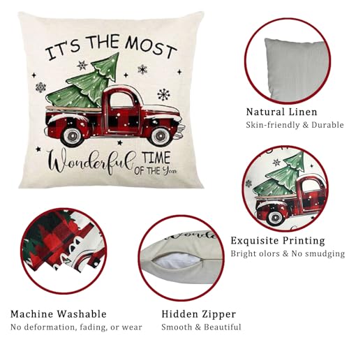 Red-Black Christmas Pillow Covers, 18x18 Inch Linen Throw Pillowcase - Set of 4