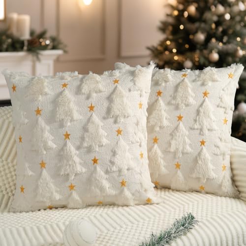 Christmas Pillow Covers Set of 2, 20" x 20" Cream White Soft Plush Faux Fur
