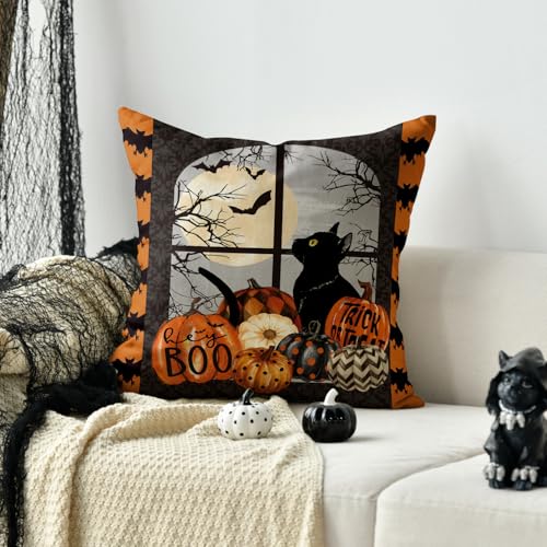 Halloween Pumpkin Cat Throw Pillow Cover, 18x18 Inch - AVOIN