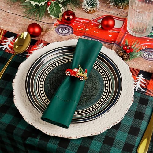 Christmas Car and Tree Napkin Rings Set of 6 - Red Truck & Gnomes Holiday Decor