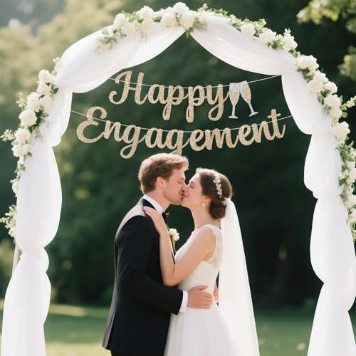Pre-Strung Happy Engagement Banner - Gold Glitter Party Decoration