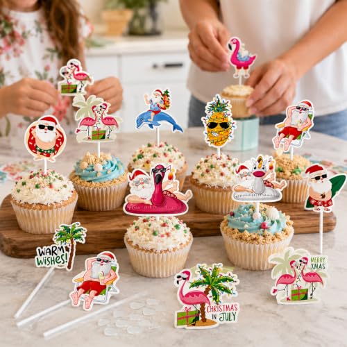 48 Tropical Christmas Cupcake Toppers | DIY July Party Decor