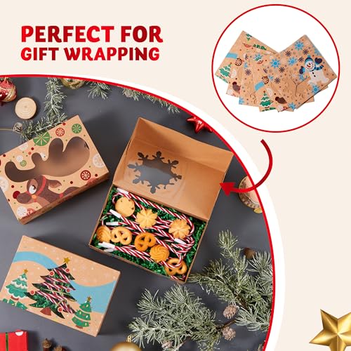 Christmas Cookie Gift Boxes with Window - 12 Pack, Kraft Bakery Tins for Pastries and Baked Goods - Variety of 3 Designs - 8.75 x 5.75 x 2.75 Inches