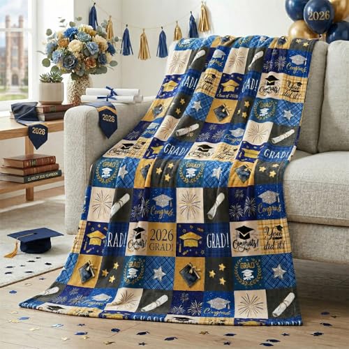 Graduation Flannel Blanket Throw - Blue 50x60, Cozy Fleece Gift
