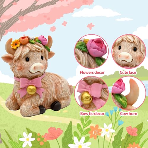 Spring Highland Cow Figurines - Set of 2 Farmhouse Decor