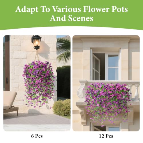 Artificial Flowers for Outdoors - 6 Pcs Deep Purple & Purple Fake Flowers, Weather-Resistant & Realistic Garden Decor