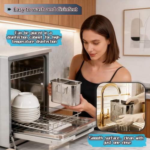 304 Stainless Steel Utensil Holder, 2-Compartment Kitchen Drainer Rack