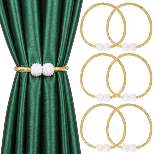 Magnetic Curtain Tiebacks 6 Pack - No Drill Heavy Duty Holdbacks with Pearl, 18.9" Gold