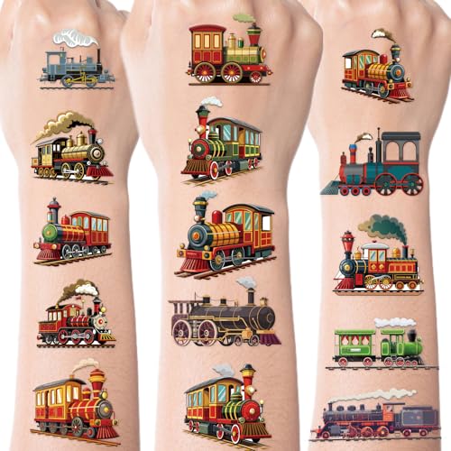 Vintage Train Temporary Tattoos - 8 Sheets Steam Train Party Favors