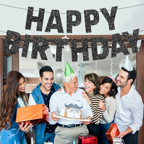 Black Glitter Happy Birthday Banner - Pre-Strung Party Decoration