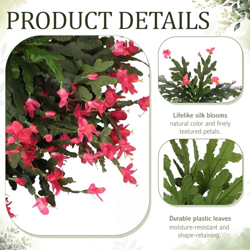 Artificial Christmas Cactus Plants - 4 Pink Silk Faux Flowers, 16 Leaves Variation