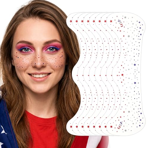Gemoioio 4th of July Glitter Temporary Tattoos – 8 Sheets Waterproof Red White Blue Star Face Stickers for Independence Day Party Supplies