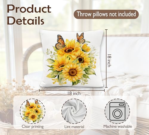 Sunflower Floral Butterfly Pillow Covers 18x18 - Double-Sided Decor