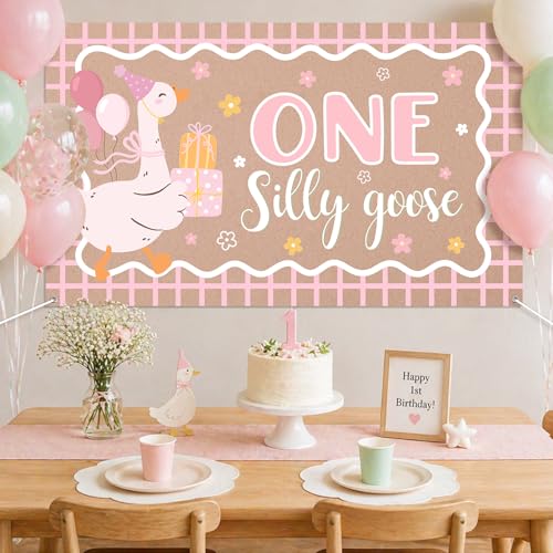 One Silly Goose 1st Birthday Backdrop - 6.1 x 3.6 ft Pink Polyester Banner