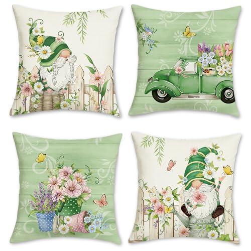 Bonhause Spring Gnomes Throw Pillow Covers 18x18 Set of 4, Farmhouse Decor