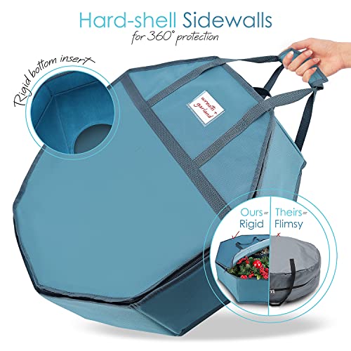 Blue 24-Inch Hard Shell Christmas Wreath Storage Container with Interior Pockets - Pack of 2