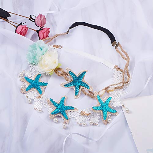 PH PandaHall Mermaid Hairbands and Starfish Necklace Boho Wedding Lace Headband
