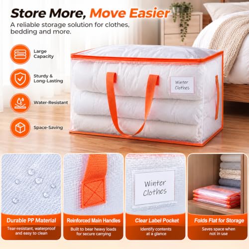 KYODOLED 2-Pack Clear & Orange Heavy Duty Large Moving Bags, 48 Gal Storage Totes