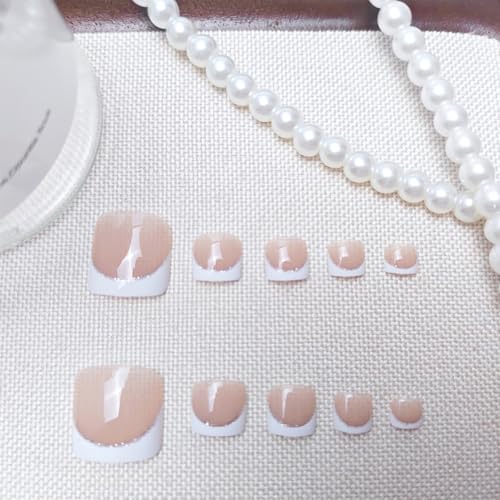 White French Tip Press on Toenails Short Square Glossy Fake Toenails