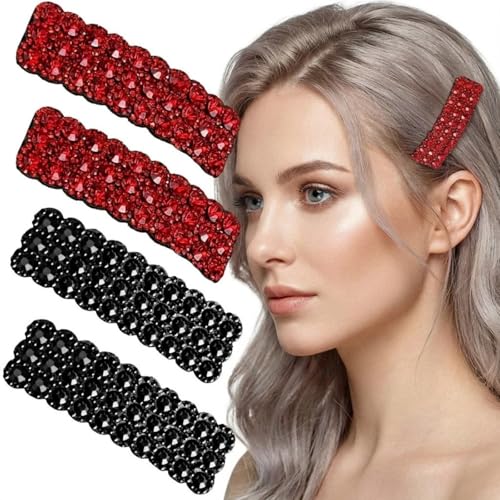 Black and Red Rhinestone Snap Hair Clips 4-Piece Crystal Barrettes