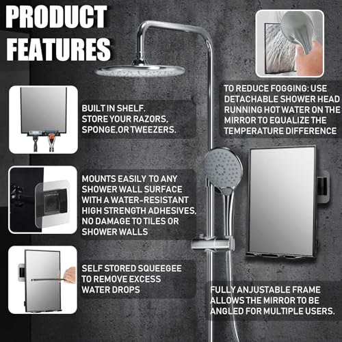 LFOYOU Shower Mirror with Squeegee & Razor Holder - 360° Adjustable