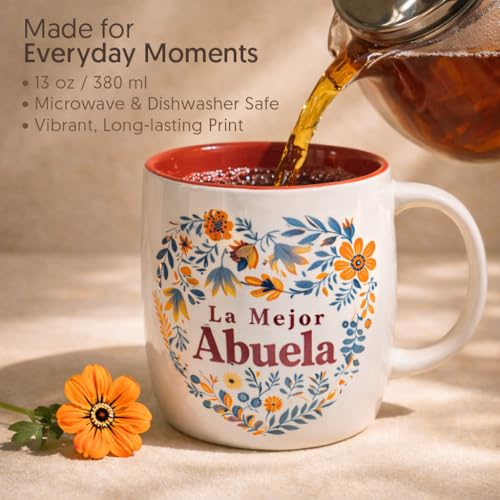 Abuela Coffee Mug 13 Oz Ceramic with Floral Heart Design - Spanish Gift