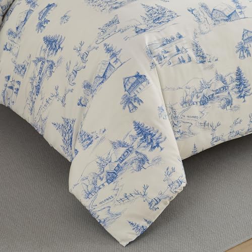 Blue Christmas Comforter Set King - Snowman & Tree Bedding, 104x90"