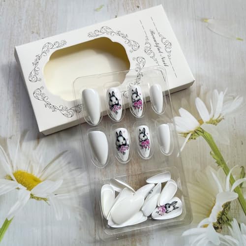 Easter Bunny Press on Nails Medium Almond Glossy White Fake Nails