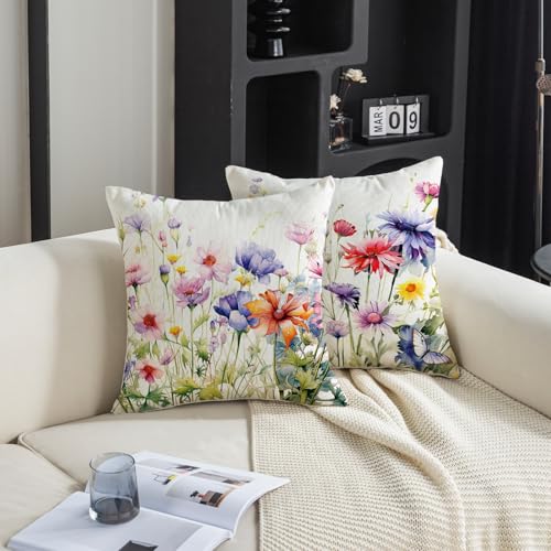TAJWE Spring Floral Pillow Covers 18x18 Inch Set of 2 - Farmhouse Decorative Cushion Cases for Sofa & Couch