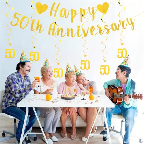 50th Wedding Anniversary Decoration Set - Glitter Gold Banner & Cake Topper