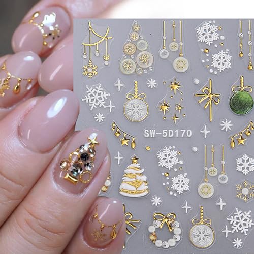 5D Christmas Nail Art Stickers Gold Holiday Tree Decals - 6 Sheets