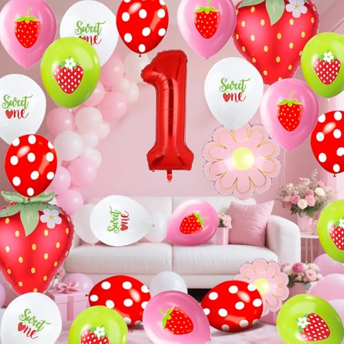 25 Pcs Strawberry Balloons Set with 40 Inch Red Number 1 Foil