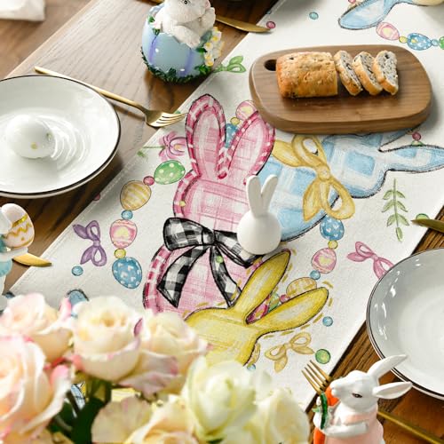 Easter Floral Bunny Table Runner 13x108 Inch Beige Spring Kitchen Decor