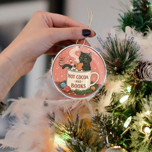 Hot Cocoa and Books Cat Book Ornament - Christmas Tree Decor Gift