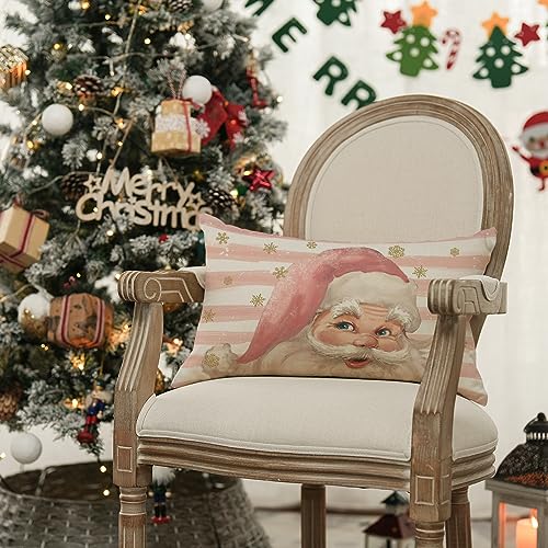Pink Santa Claus Stripes Throw Pillow Cover 12x20 Inch - Christmas Cushion Case