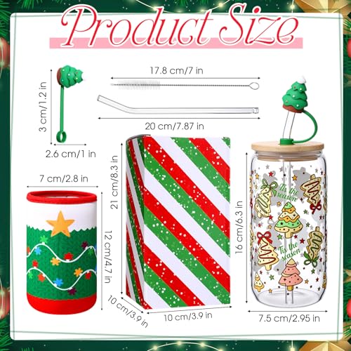 Christmas Glass Cup with Lid & Straw - 16oz Novelty Xmas Drinkware with Sleeve & Gift Box