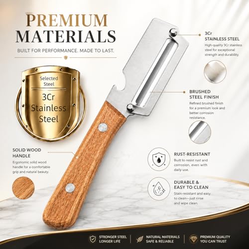 Vegetable Peeler with Wooden Handle and Built-In Bottle Opener